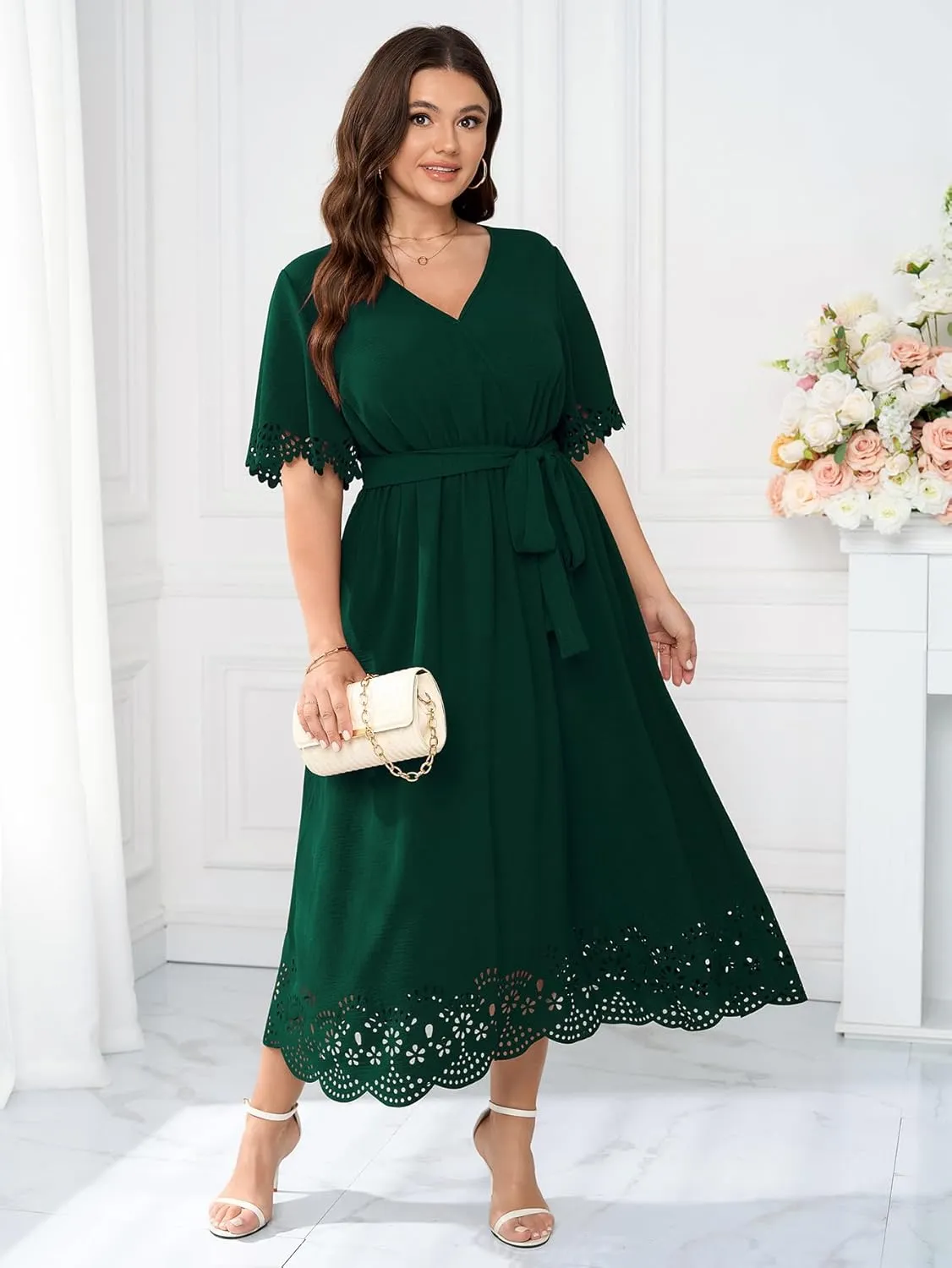 Womens Plus Size Wedding Guest Cocktail Dress Wrap V Neck A-Line Swing Maxi Dresses with Belt