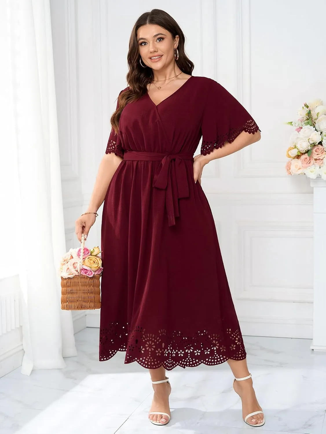 Womens Plus Size Wedding Guest Cocktail Dress Wrap V Neck A-Line Swing Maxi Dresses with Belt