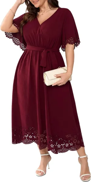 Womens Plus Size Wedding Guest Cocktail Dress Wrap V Neck A-Line Swing Maxi Dresses with Belt