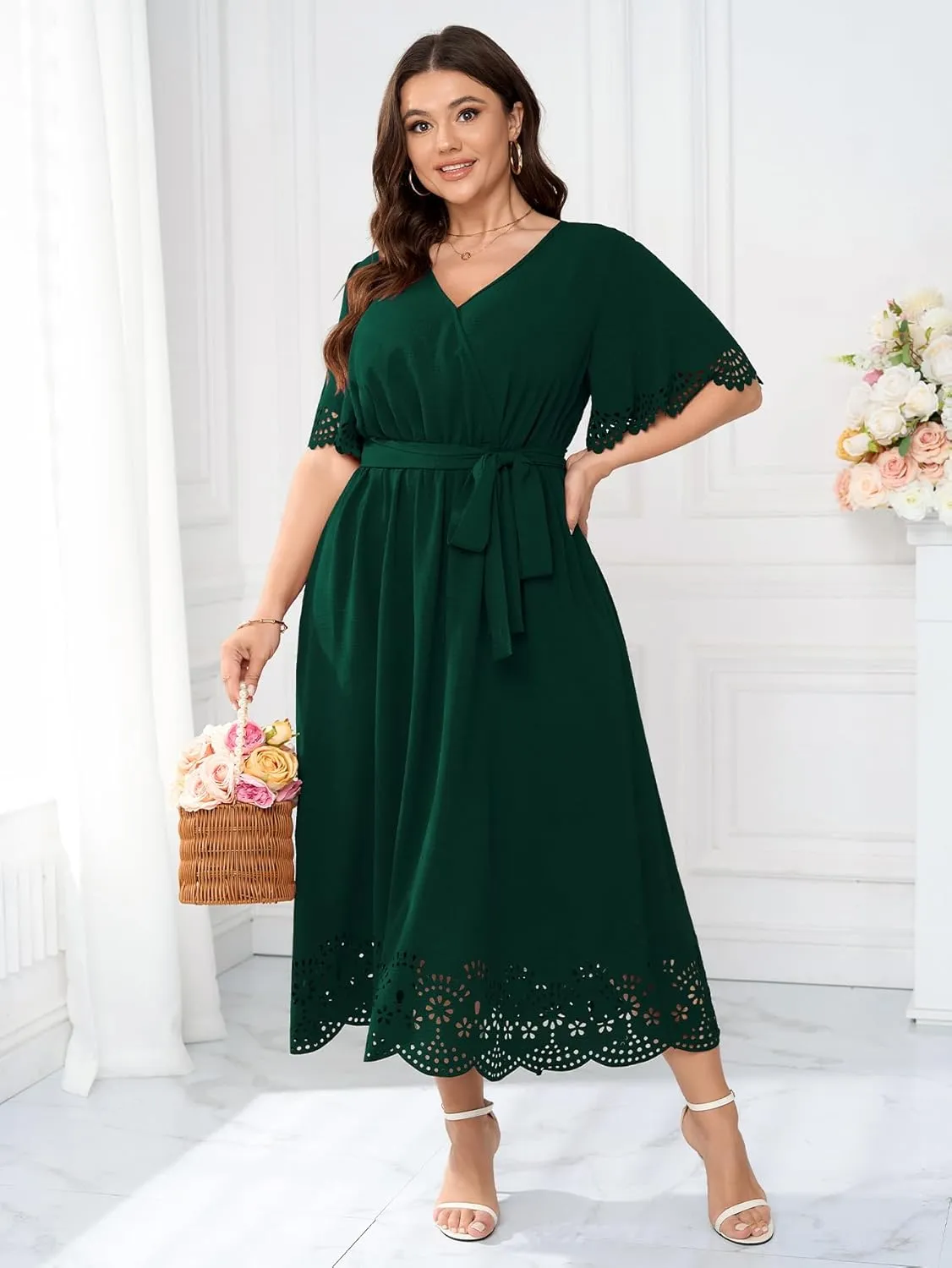 Womens Plus Size Wedding Guest Cocktail Dress Wrap V Neck A-Line Swing Maxi Dresses with Belt