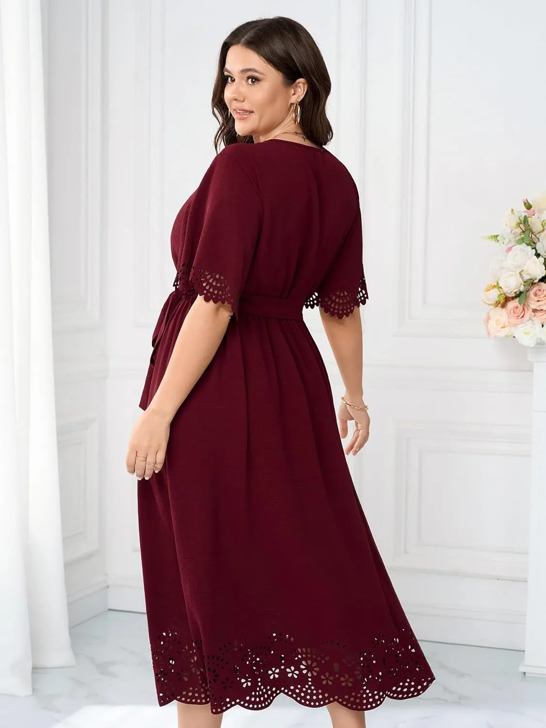 Womens Plus Size Wedding Guest Cocktail Dress Wrap V Neck A-Line Swing Maxi Dresses with Belt