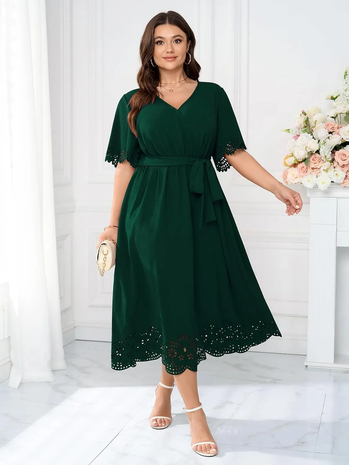 Womens Plus Size Wedding Guest Cocktail Dress Wrap V Neck A-Line Swing Maxi Dresses with Belt