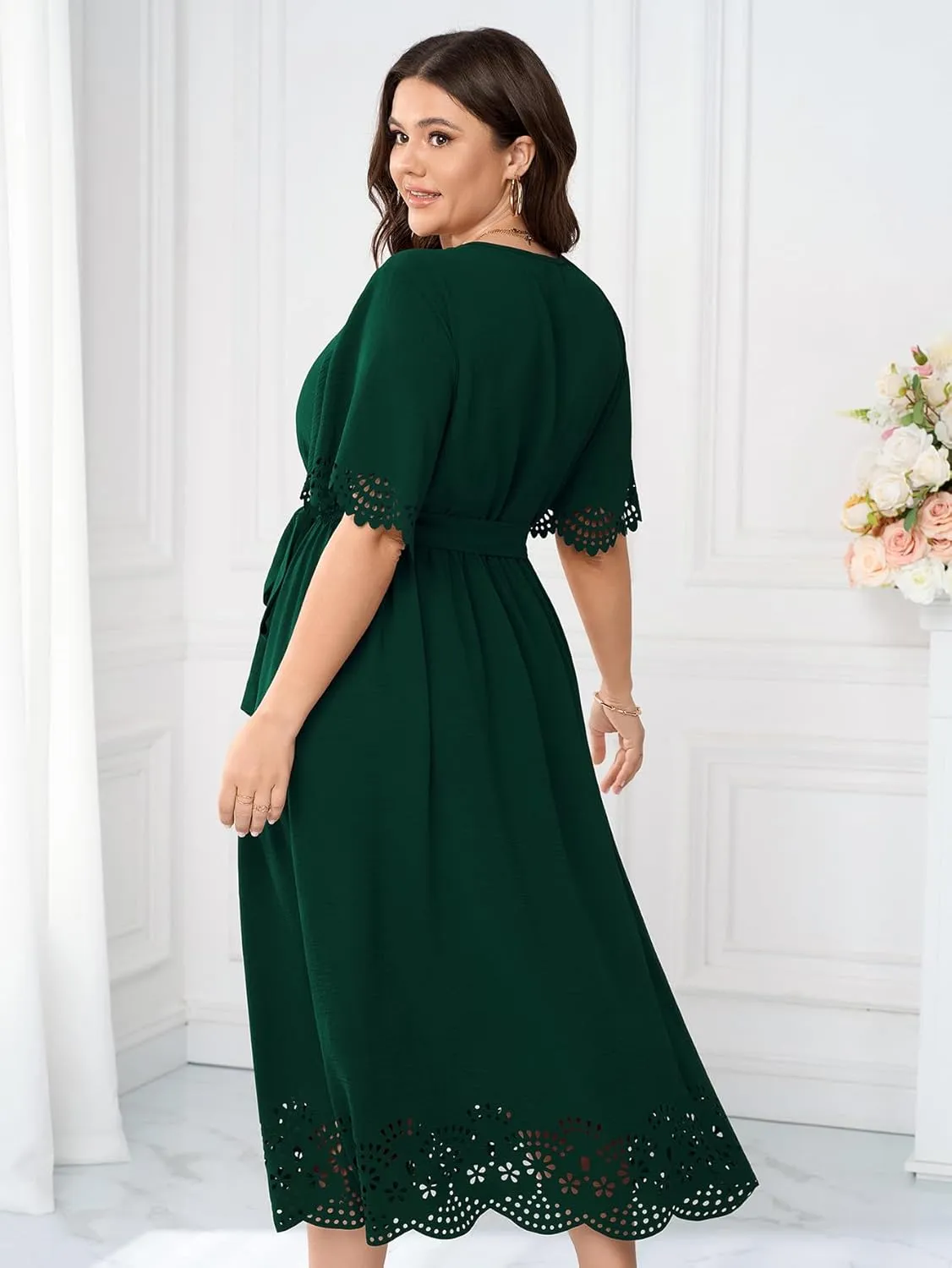 Womens Plus Size Wedding Guest Cocktail Dress Wrap V Neck A-Line Swing Maxi Dresses with Belt