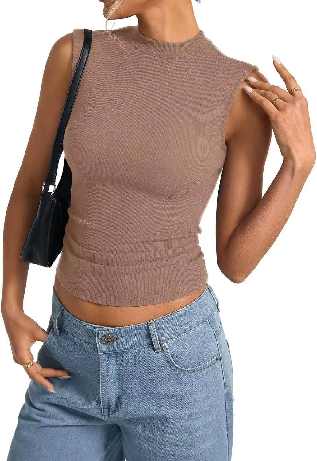Women's Sleeveless Mock Turtle Neck Tops Fitted Ribbed Tank Top Basic Summer Shirts Spring Outfits 2025