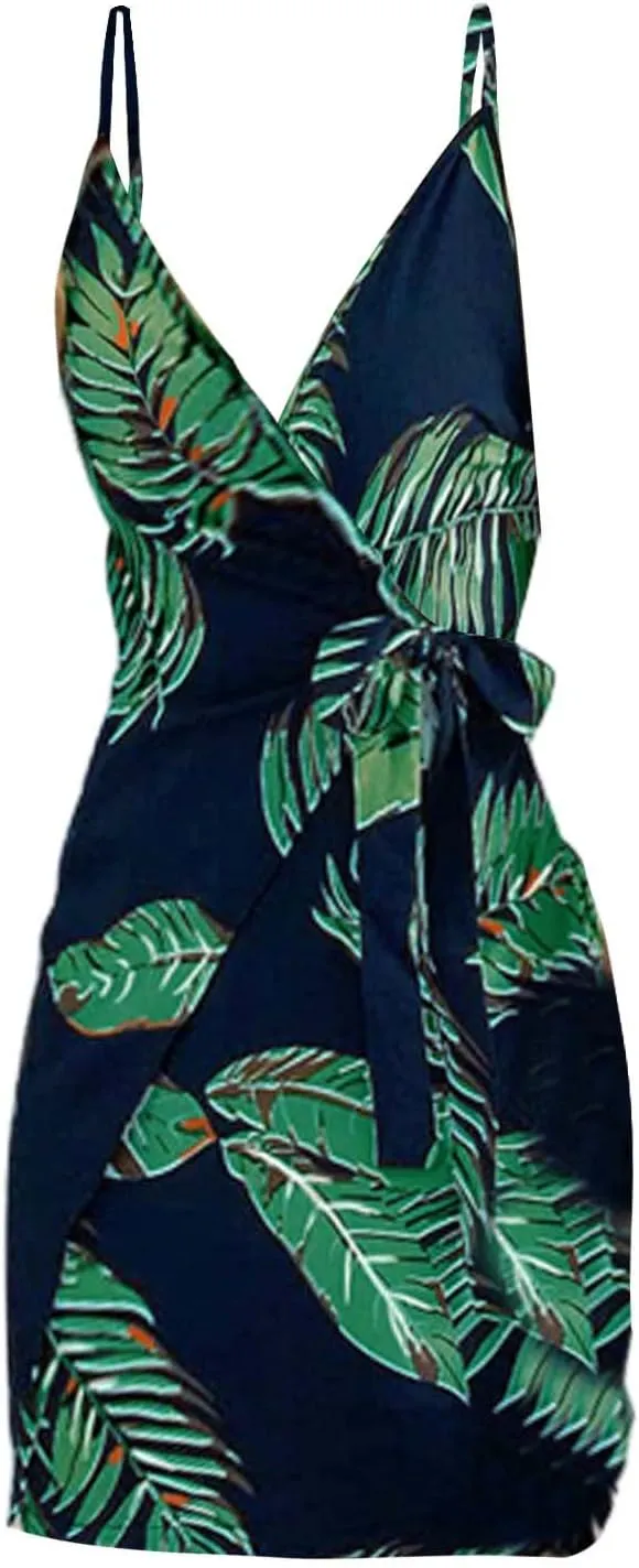 Womens Spaghetti Strap Bodycon Dress Tie Waist V-Neck Slim Mini Dress Summer Tropical Print Beach Sun Dress