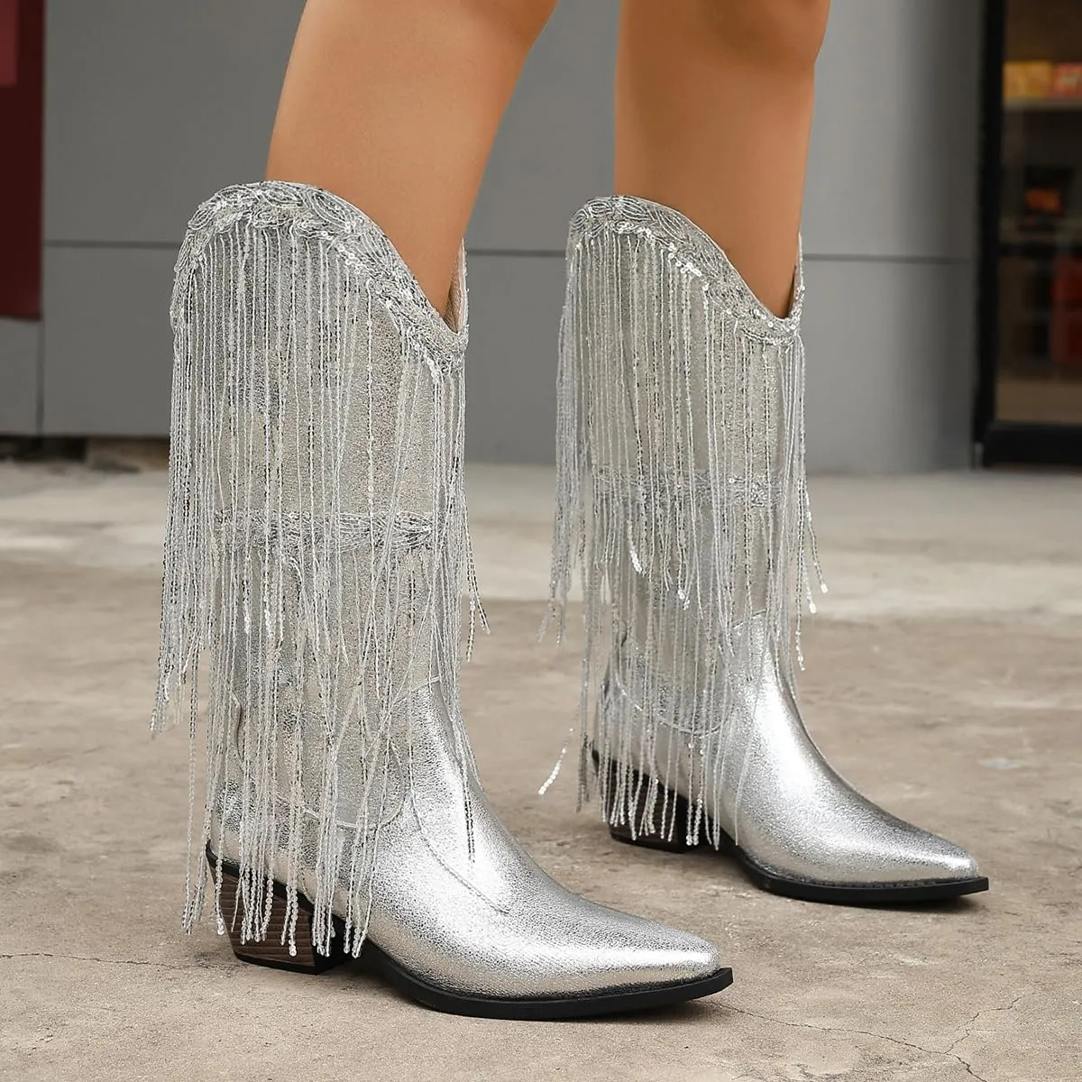 Women's Sparkling Silver Cowboy Boots with Glitter Sequins, Bedazzled Fringe & chunky Heel - Western Bling Cowgirl Boots for Disco Parties and Festive Outfits