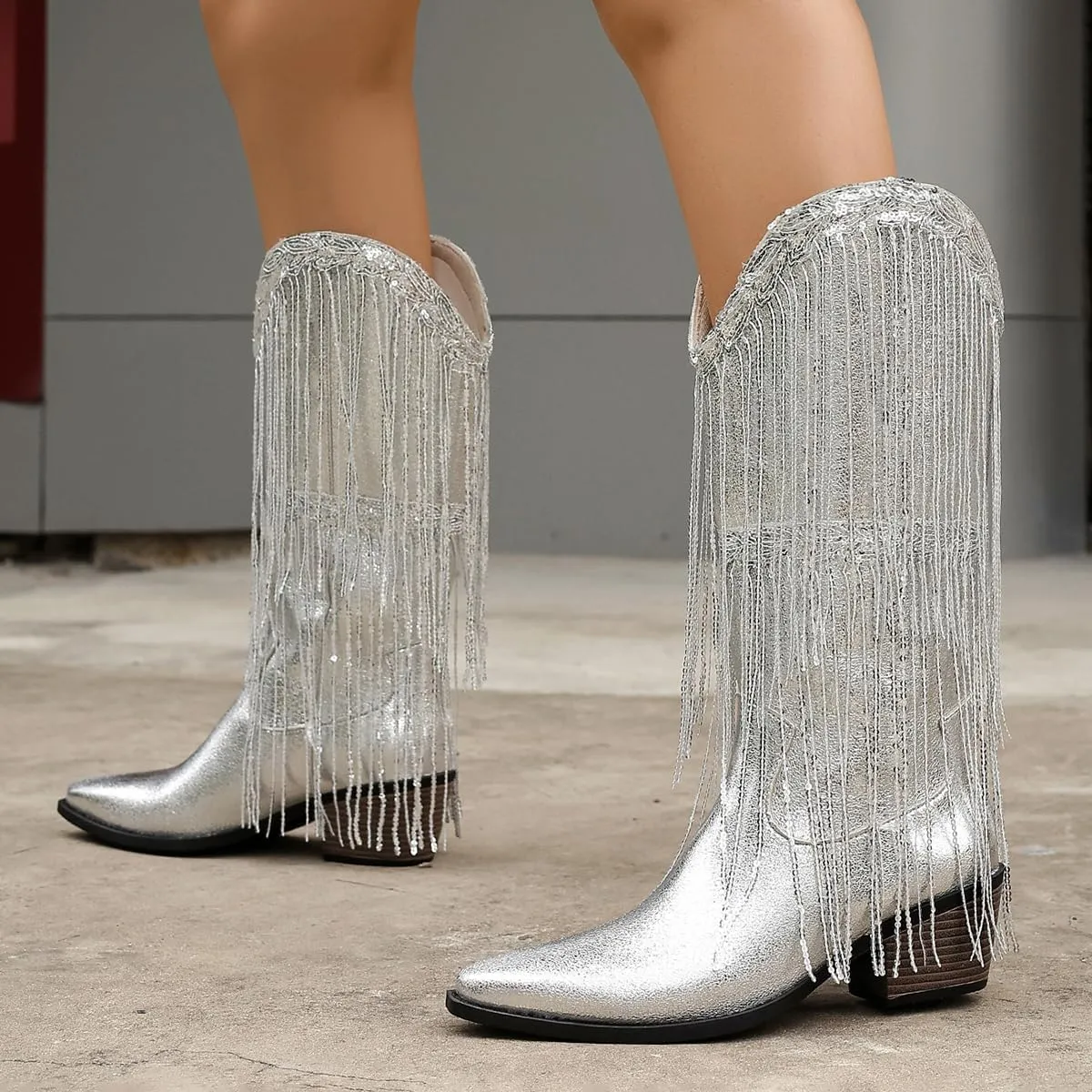 Women's Sparkling Silver Cowboy Boots with Glitter Sequins, Bedazzled Fringe & chunky Heel - Western Bling Cowgirl Boots for Disco Parties and Festive Outfits