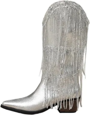 Women's Sparkling Silver Cowboy Boots with Glitter Sequins, Bedazzled Fringe & chunky Heel - Western Bling Cowgirl Boots for Disco Parties and Festive Outfits