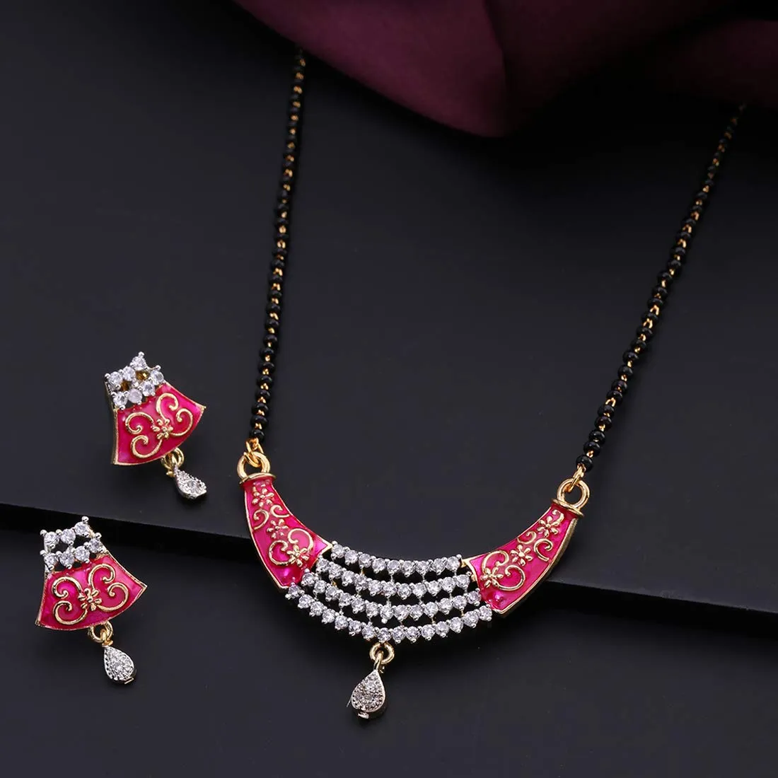 Yellow Chimes Sparkling AD/American Diamond Studded Ethnic Traditional Black Beads Meenakari Touch Designer Mangalsutra Pendant Set with Earrings for Women