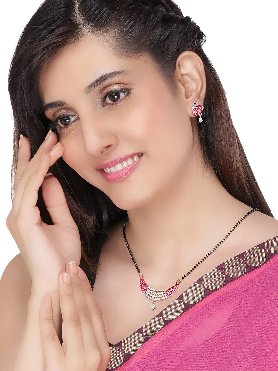 Yellow Chimes Sparkling AD/American Diamond Studded Ethnic Traditional Black Beads Meenakari Touch Designer Mangalsutra Pendant Set with Earrings for Women